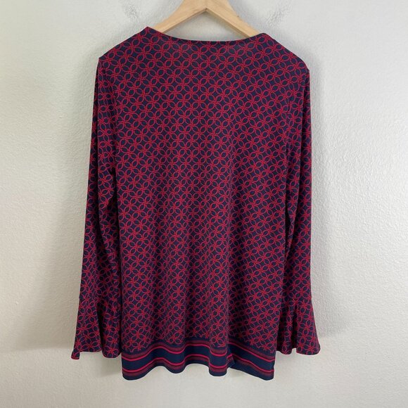 Michael Kors Womens Large Long Sleeve Stretch Top Red Rope Print V Neck Blouse - Picture 10 of 11